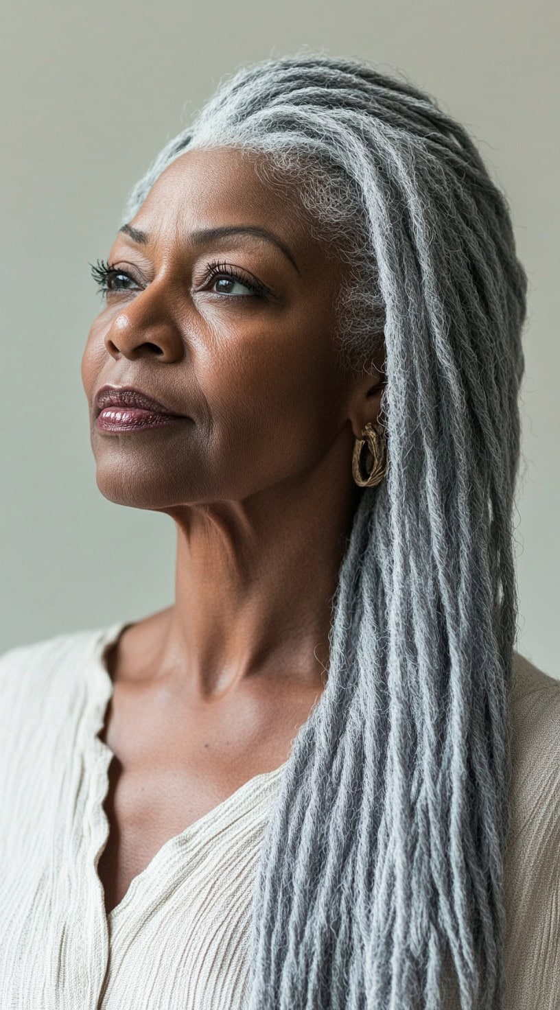 A regal older Black woman with silver locs swept to one side, wearing a soft cream blouse and gold earrings.