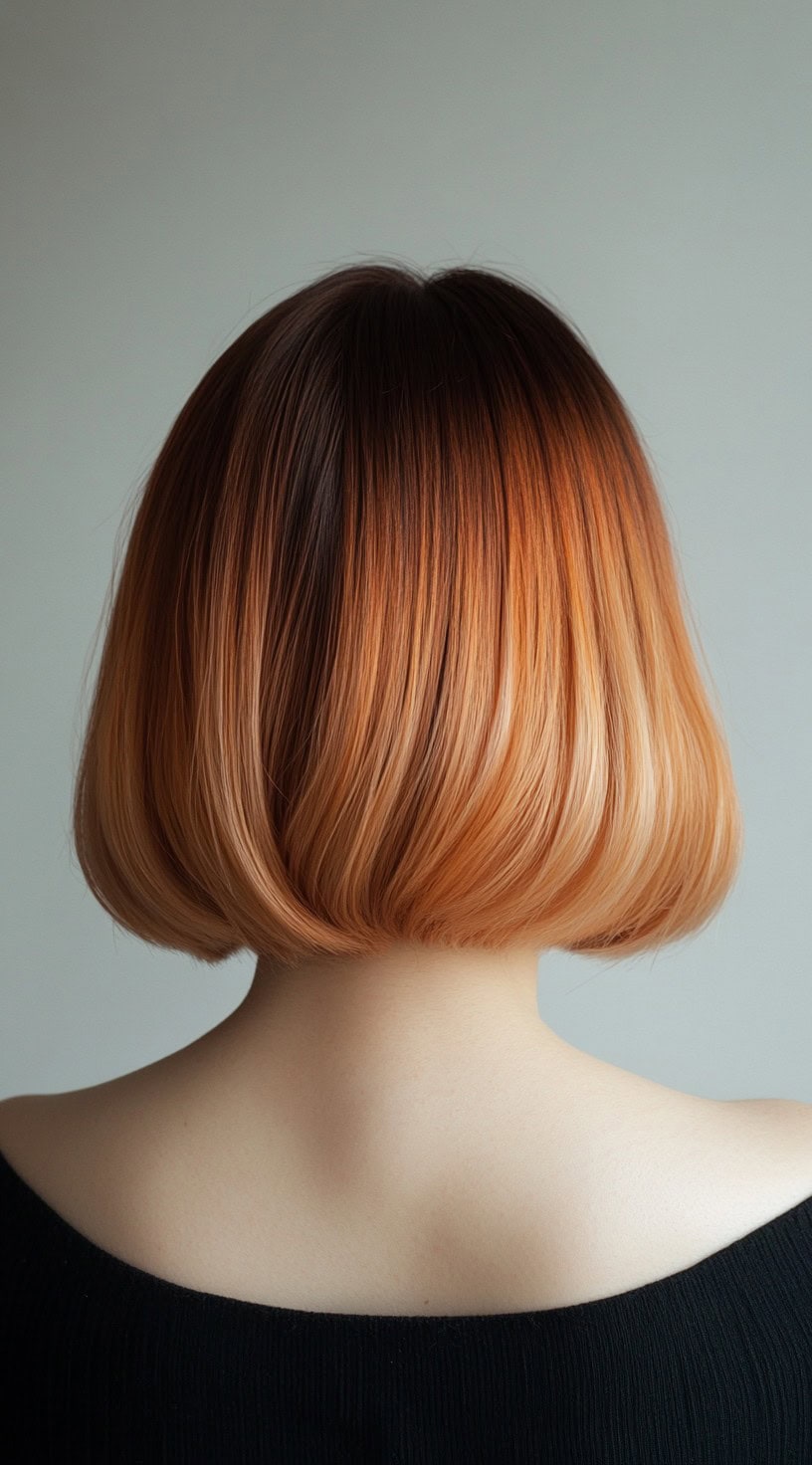 A back view of a sleek, chin-length bob with a deep auburn base melting into a smooth strawberry blonde ombre.