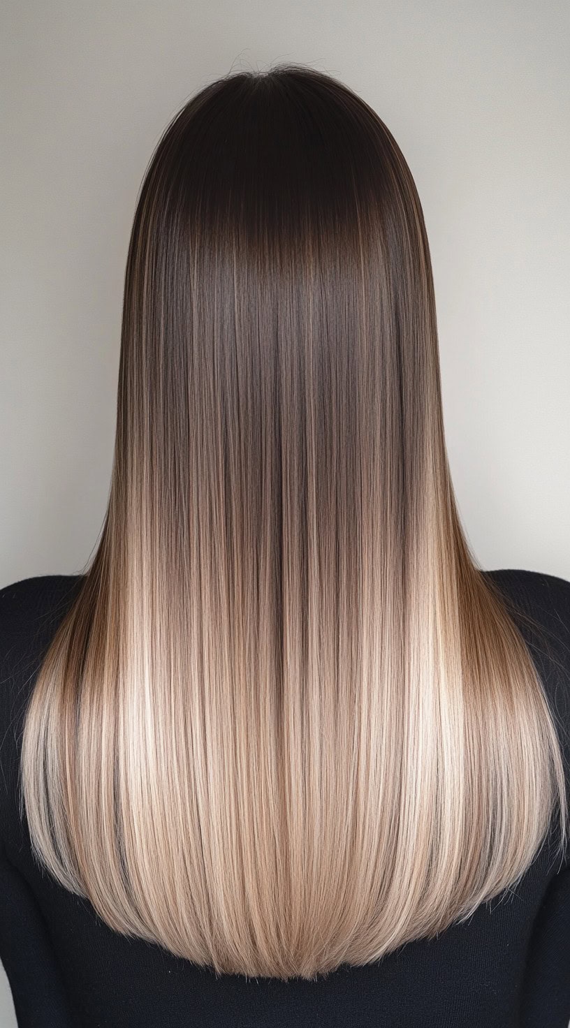 A woman with straight, sleek brown hair featuring an ash blonde balayage from mid-length to ends.