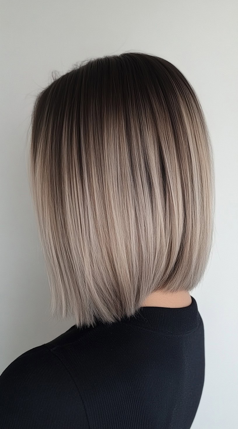 Short, straight bob with dark roots blending into ash blonde.