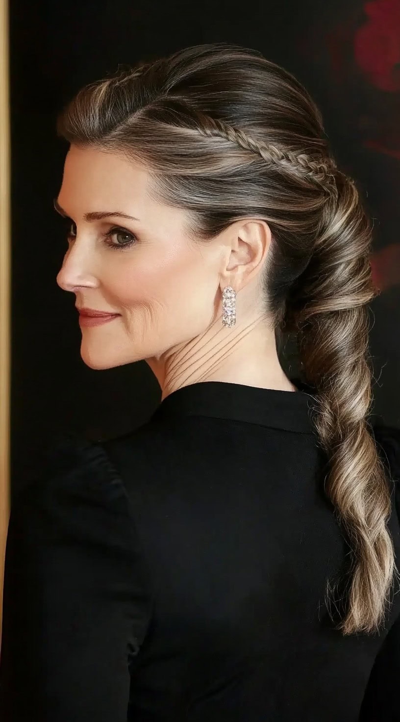 A woman with a sleek braided ponytail featuring delicate twist details and a polished finish.