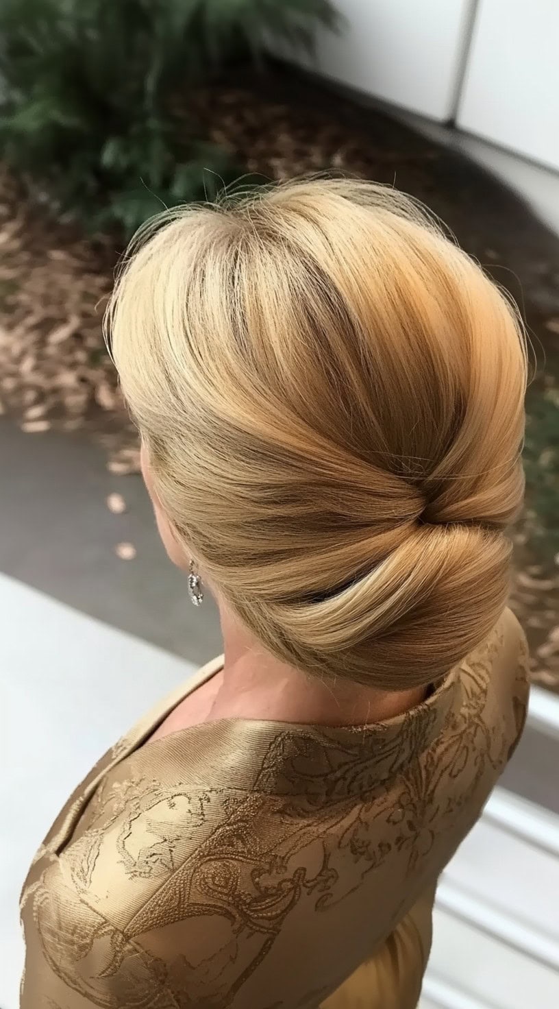 A blonde woman with a sleek, polished French roll updo, styled smoothly with a tucked-in finish at the nape of the neck.