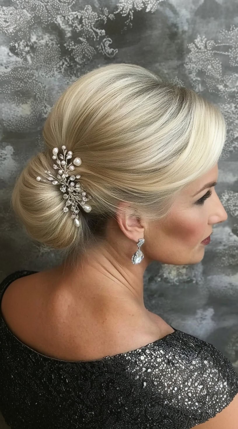 A polished French twist with a pearl and crystal hairpiece adorning the back, paired with elegant statement earrings.