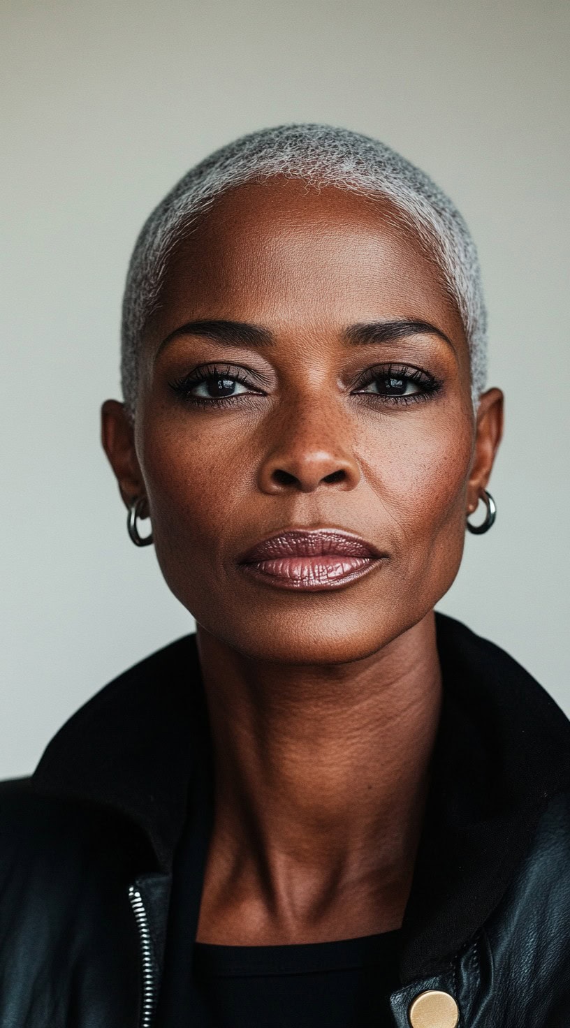 A striking older Black woman with a sleek gray buzz cut, wearing a black leather jacket and hoop earrings for a bold, confident look.
