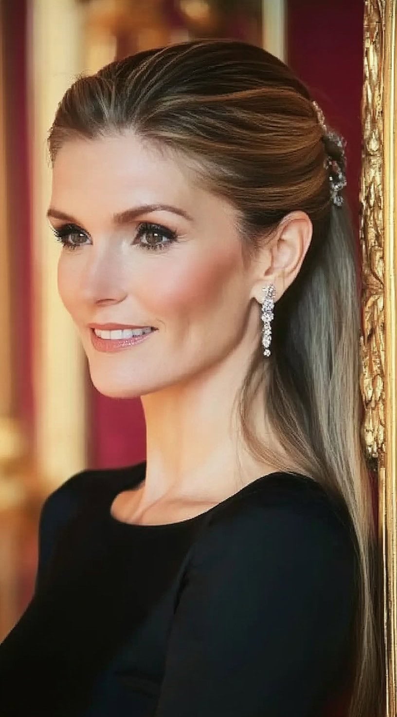 A woman with a sleek, half-up ponytail adorned with elegant accessories, featuring smooth, straight strands.