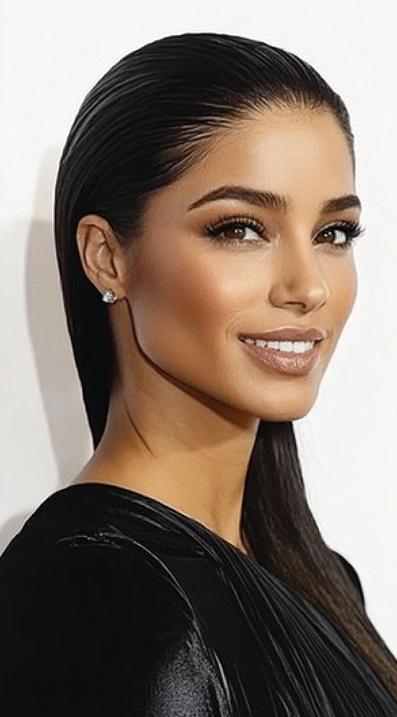 A woman with a sleek, high-shine slick back hairstyle and glowing skin, wearing a black outfit.
