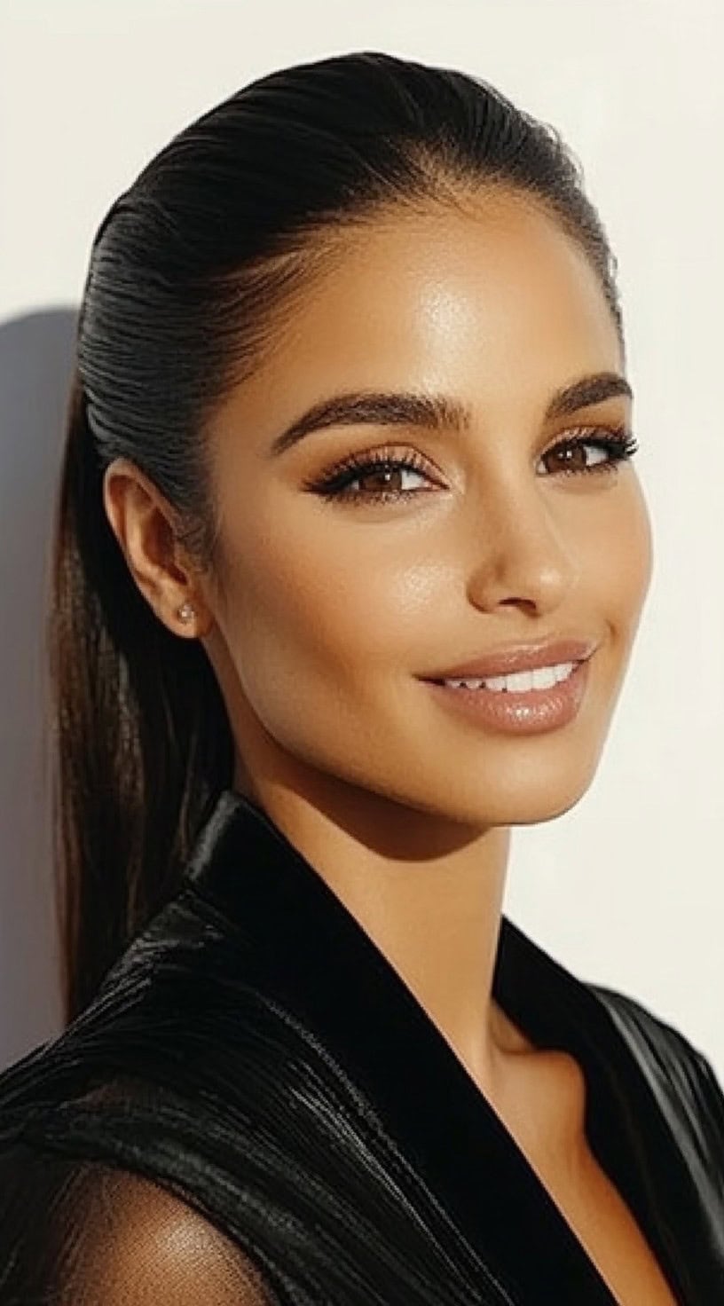 A woman with a sleek, glossy low ponytail and smooth hairline, wearing a black outfit.