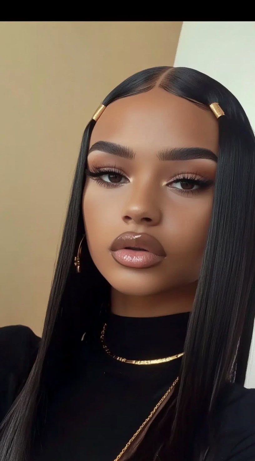 A woman with long, sleek black hair styled in a sharp middle part, adorned with gold hair accessories, wearing a black turtleneck and gold jewelry.
