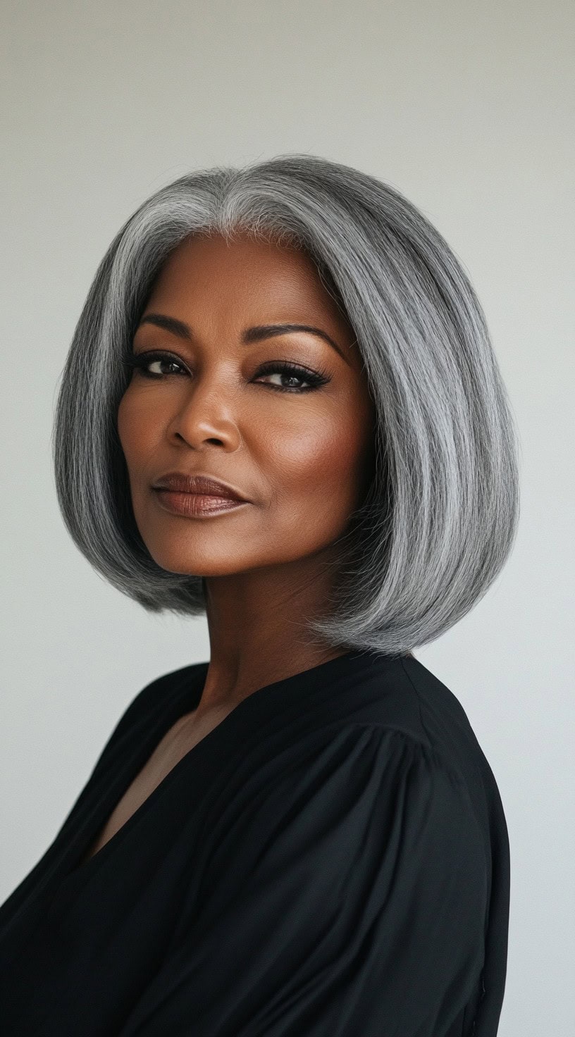 A sophisticated older Black woman with a sleek silver bob and a middle part, wearing a black blouse and exuding confidence.