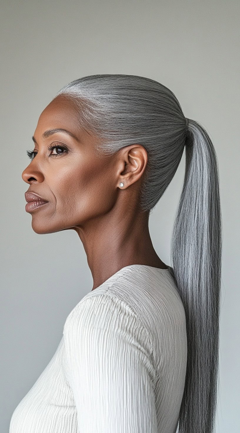 A striking older Black woman with a sleek, low silver ponytail, wearing a textured white blouse for a minimalist and refined look.