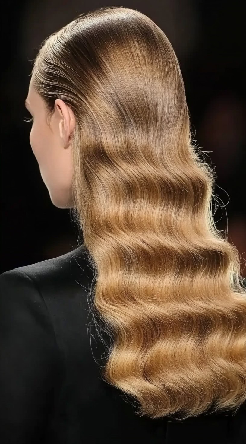 A woman with long, glossy Hollywood waves styled in a slick back pattern, wearing a black top.