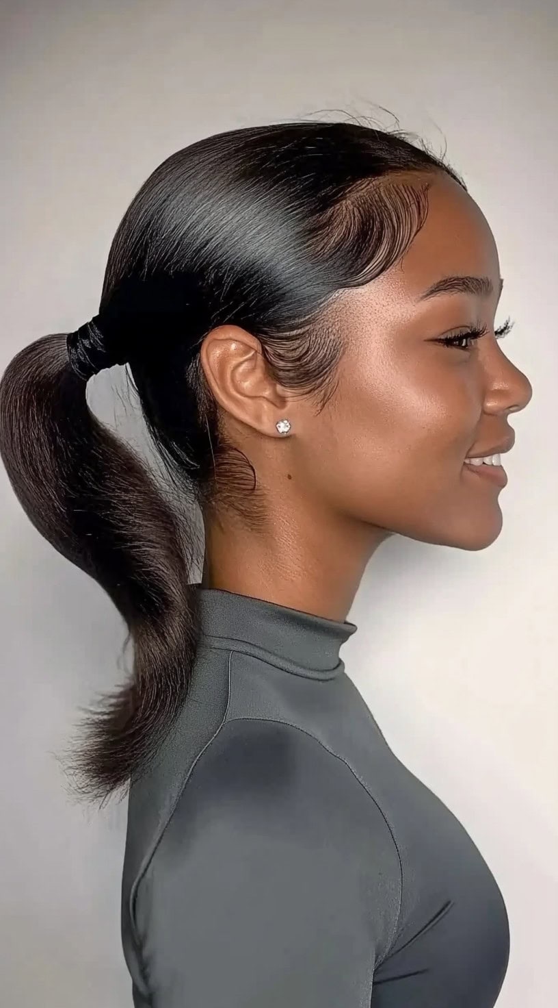 A woman with a slick back ponytail featuring laid edges, wearing a fitted gray top.