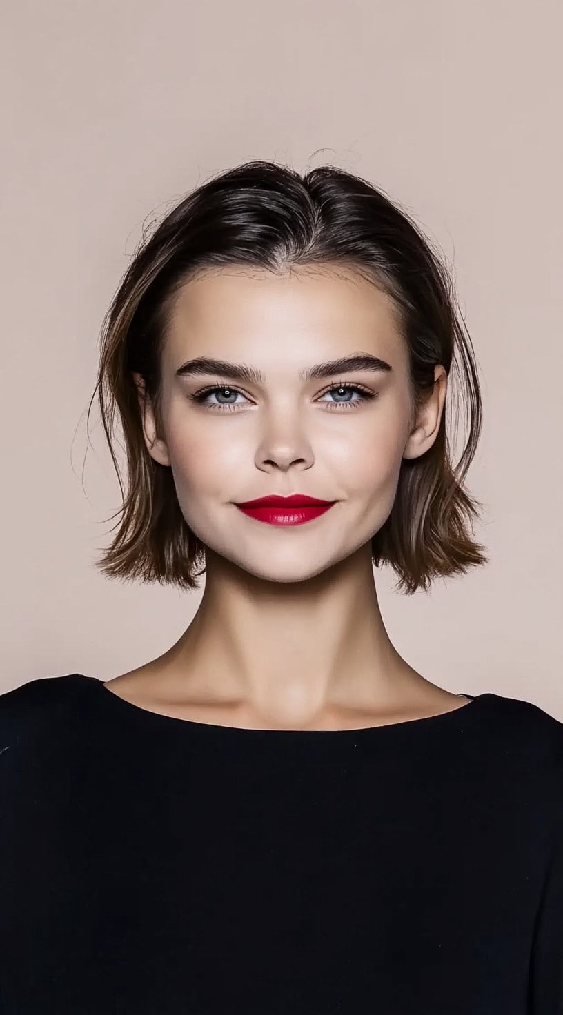 A woman with a slicked-back chin-length bob hairstyle featuring flipped ends, wearing bold red lipstick.