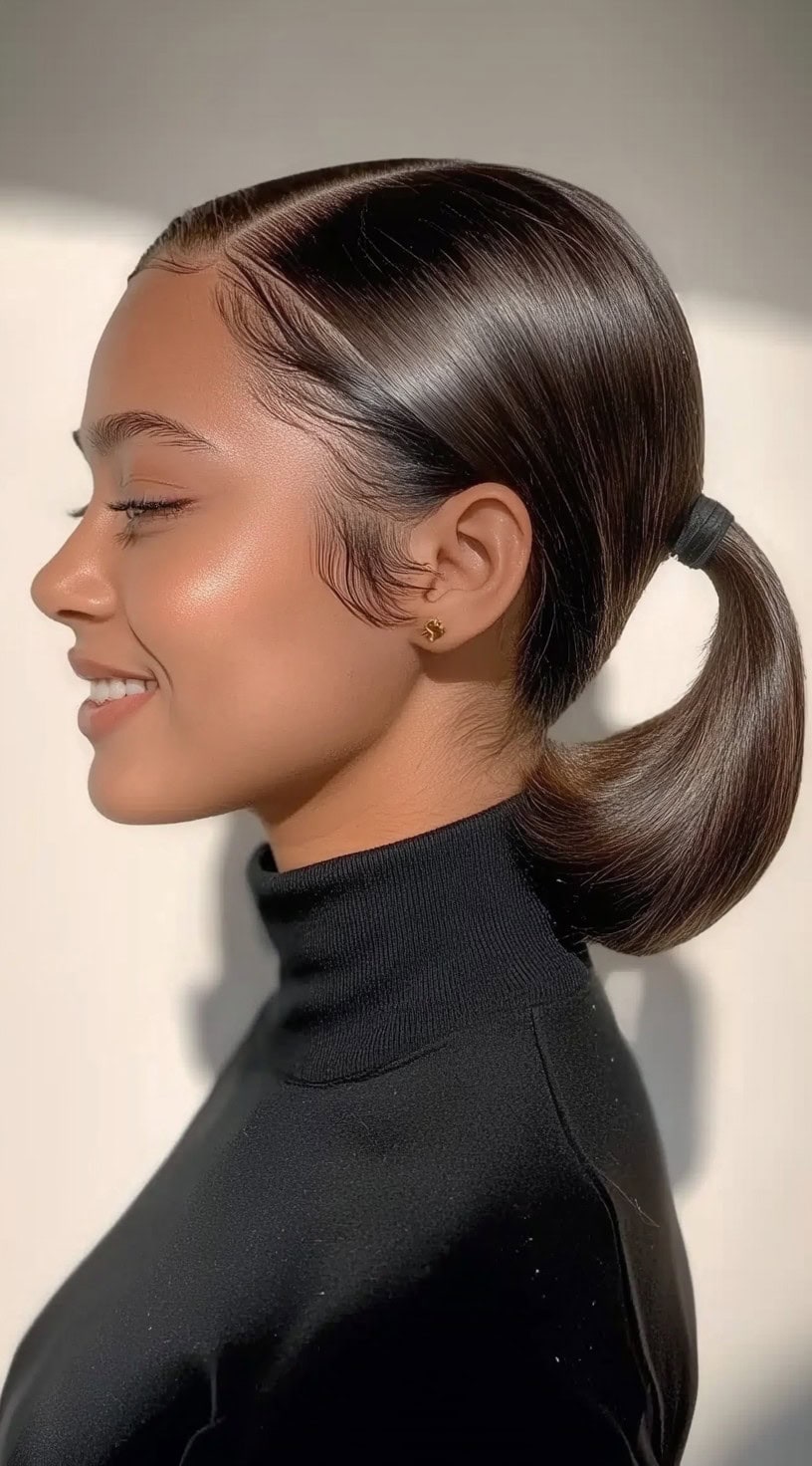 A woman with a smooth low slick back ponytail and perfectly styled baby hairs, wearing a black turtleneck.