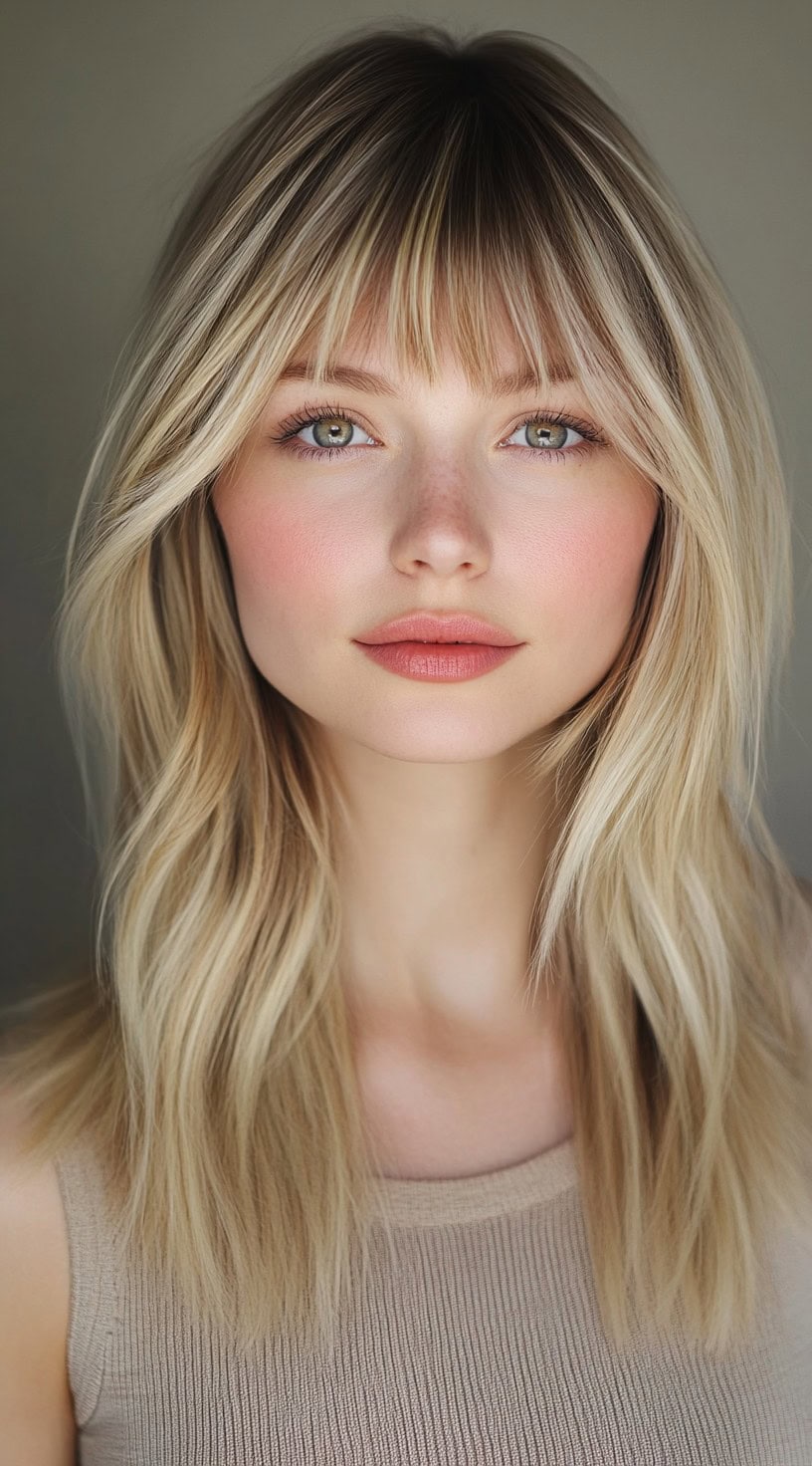 A young woman with soft blonde layered hair and wispy bangs, styled in a natural, slightly tousled look.