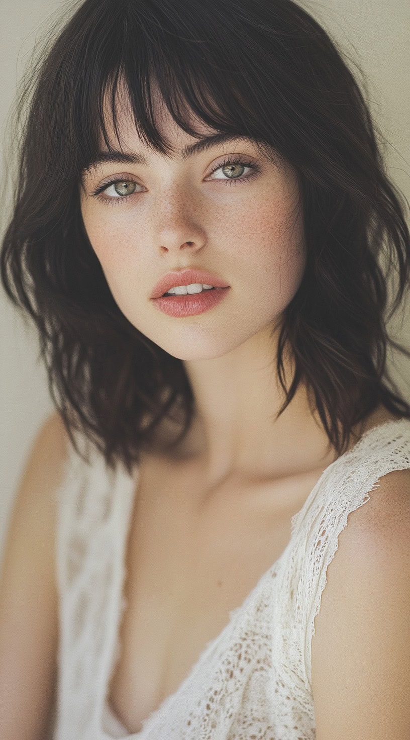 A softly layered brunette bob with wispy bangs that gently frame the face.