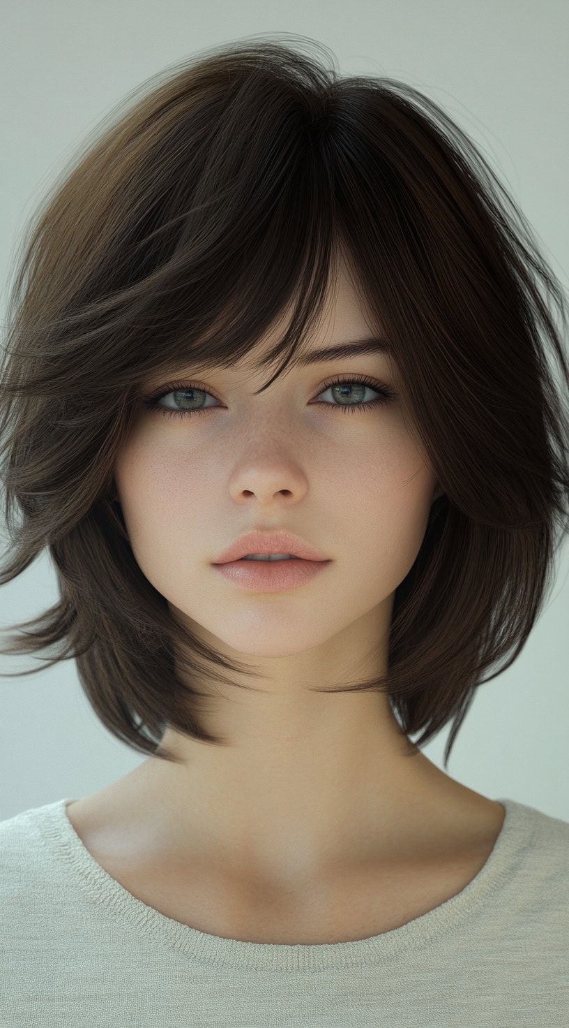 A woman with a short, feathered bob in a deep brunette shade, featuring face-framing layers and soft, wispy bangs.