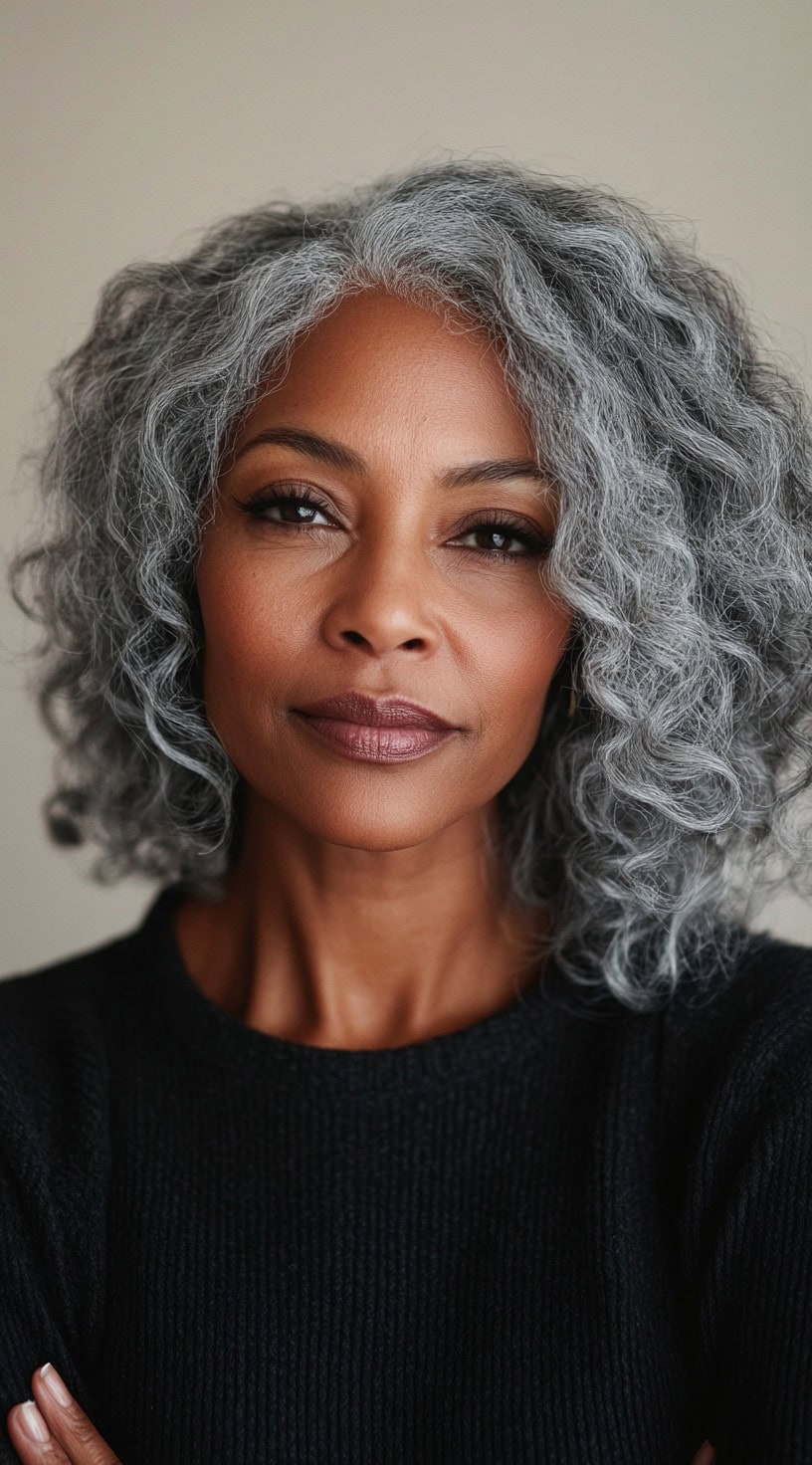 A confident older Black woman with shoulder-length silver curls, softly textured for a natural, effortless look, wearing a black sweater.