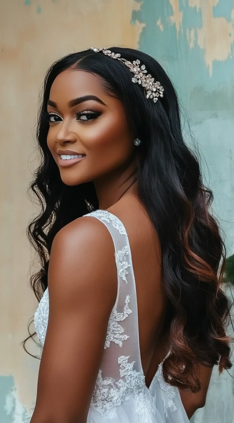 A bride with long, flowing waves and a delicate crystal hairpiece, creating a sophisticated yet natural look.