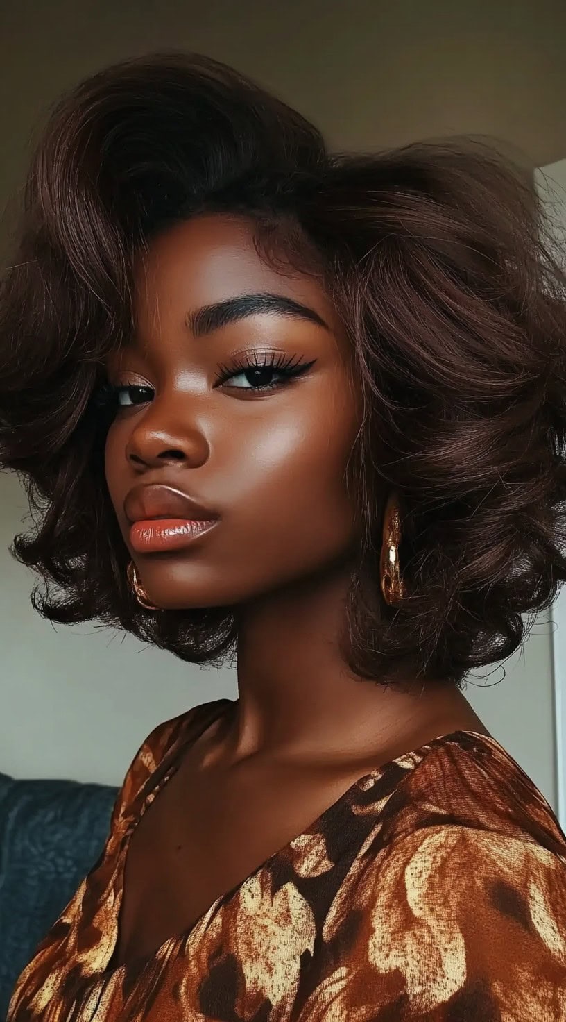 A woman with a curly feathered bob, featuring voluminous side-swept layers for an elegant, textured effect.