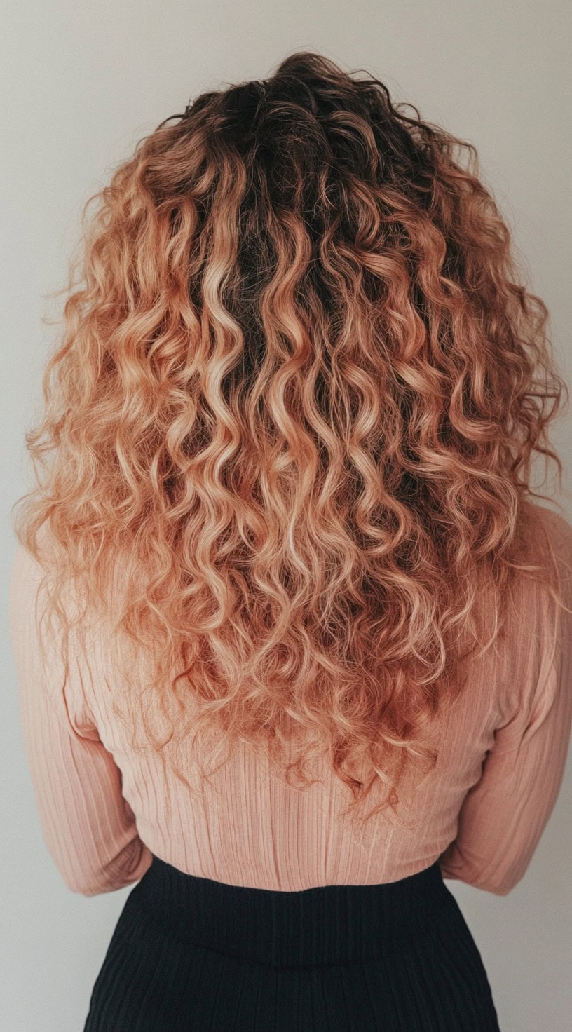 A back view of voluminous, naturally curly hair with a mix of rich caramel, strawberry blonde, and golden highlights.