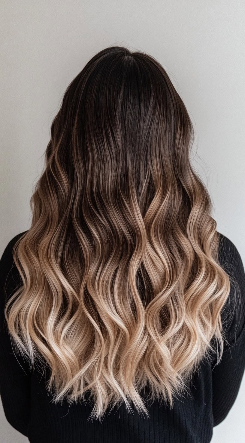 A woman with loose wavy hair featuring a subtle caramel blonde balayage blending seamlessly into dark brown roots.