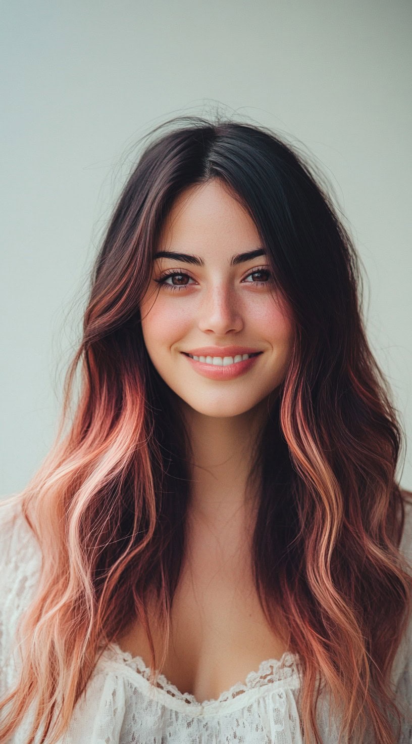 A front view of long, wavy hair with dark roots blending into a soft rosy strawberry blonde balayage.