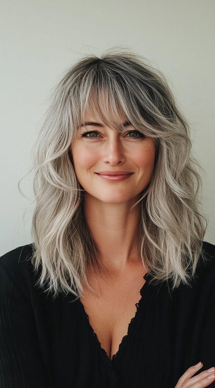 Textured ash blonde balayage with light brown roots, curtain bangs, and tousled waves.