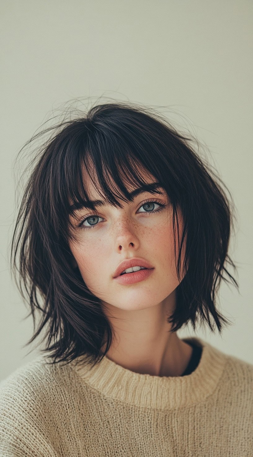 A young woman with a textured, dark brunette bob featuring soft, wispy bangs, wearing a beige knit sweater.