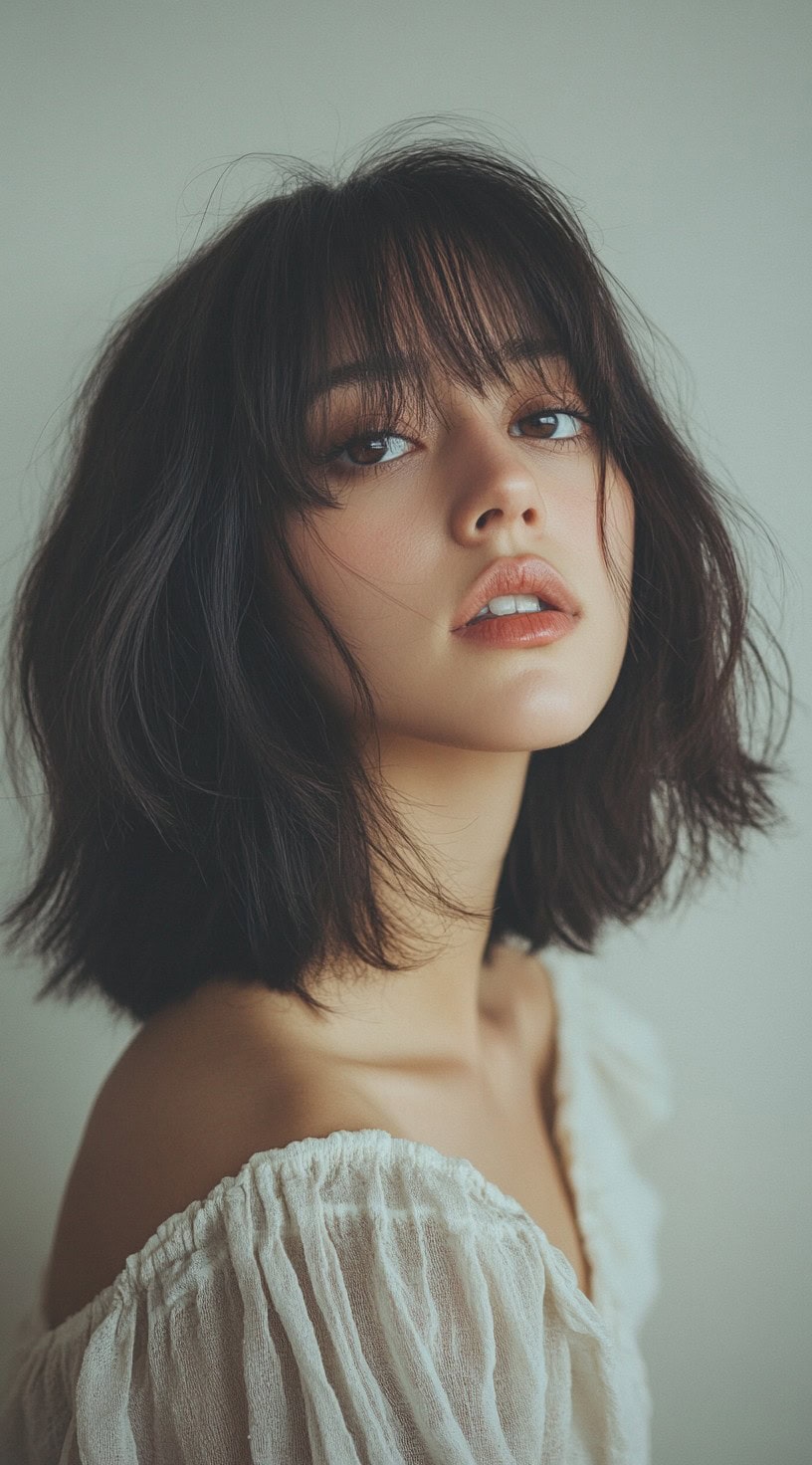 A textured brunette lob with soft, airy bangs and tousled waves.