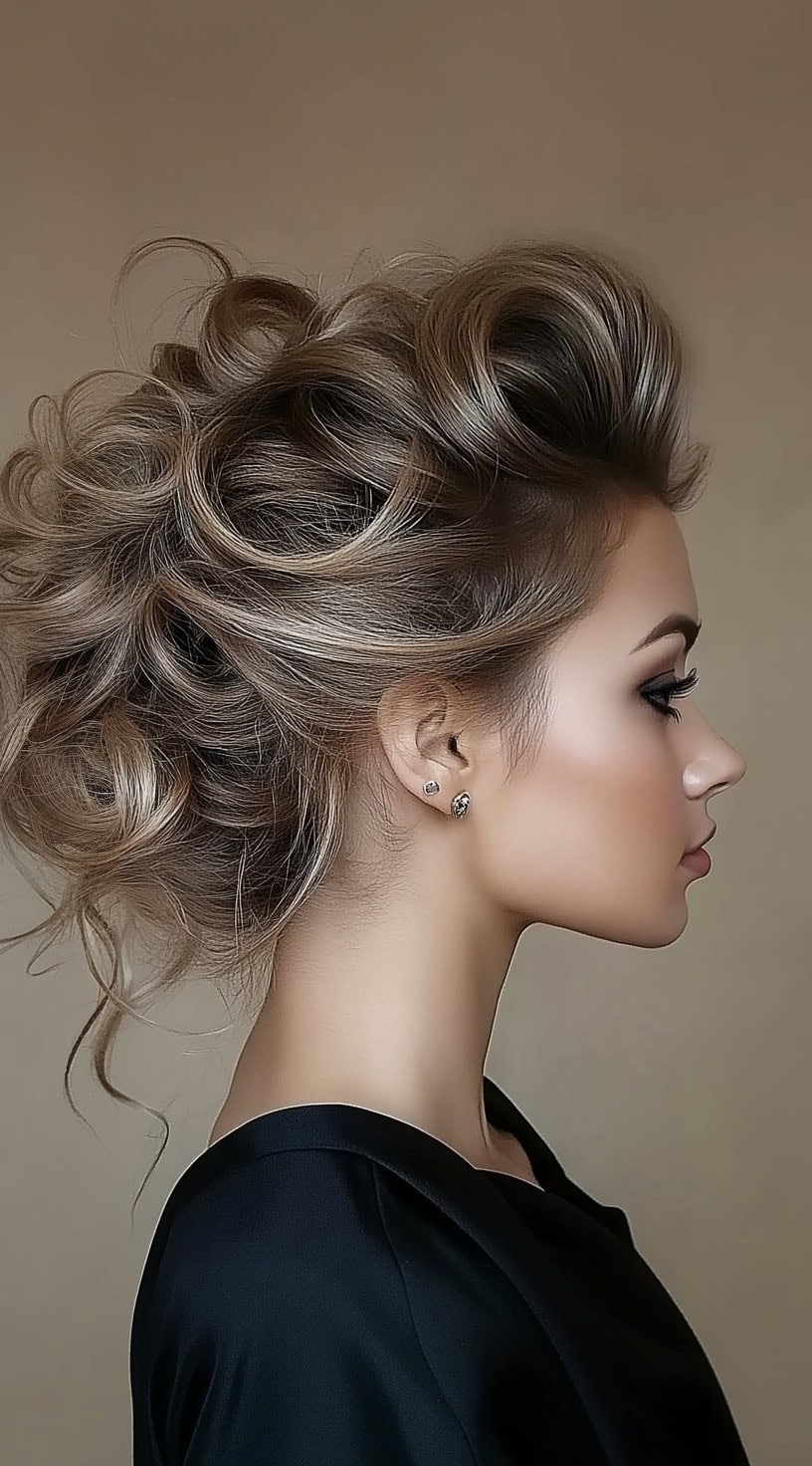 A bride in profile with an intricate textured curly updo, featuring soft volume and wispy face-framing strands.