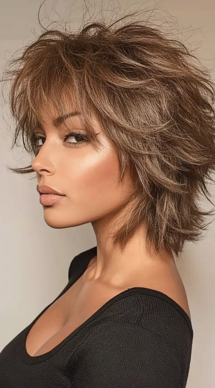 A woman with a tousled, feathered shag cut featuring wispy bangs and choppy layers for an edgy, voluminous effect.