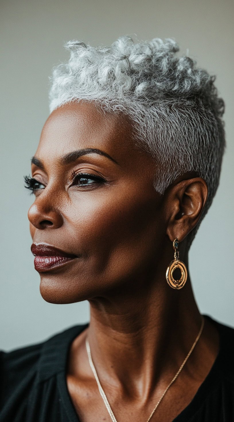 A sophisticated older Black woman with a short pixie cut, featuring defined silver curls on top and tapered sides, wearing gold statement earrings.