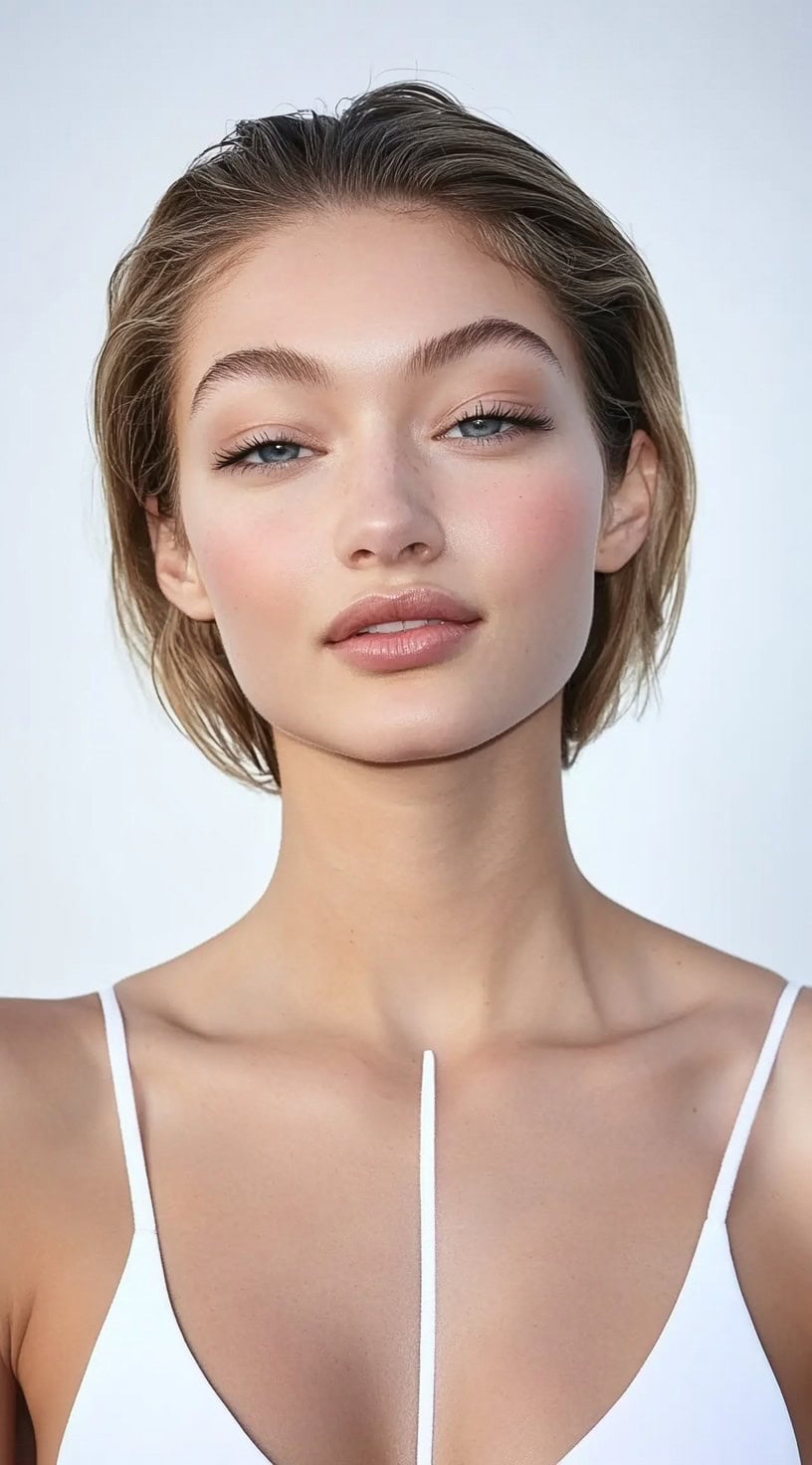 A woman with short, textured wet look hair slicked back, wearing a white spaghetti strap top.
