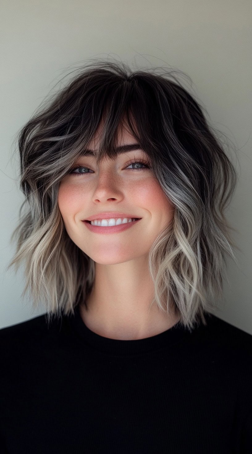 Choppy ash blonde bob with dark charcoal roots and wispy bangs.