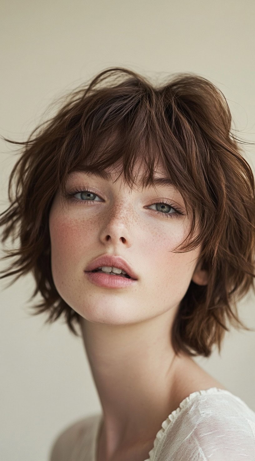 A young woman with a tousled, short brunette pixie cut featuring soft layers and wispy bangs, wearing a delicate white top.