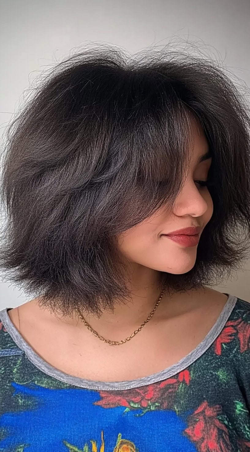 A woman with a tousled, feathered bob featuring airy, wispy layers for a soft, effortless look.
