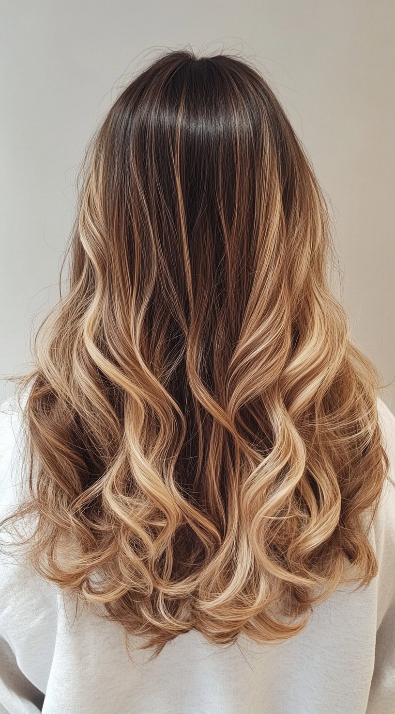 A woman with medium-length wavy hair showing a blend of brown and honey blonde highlights.