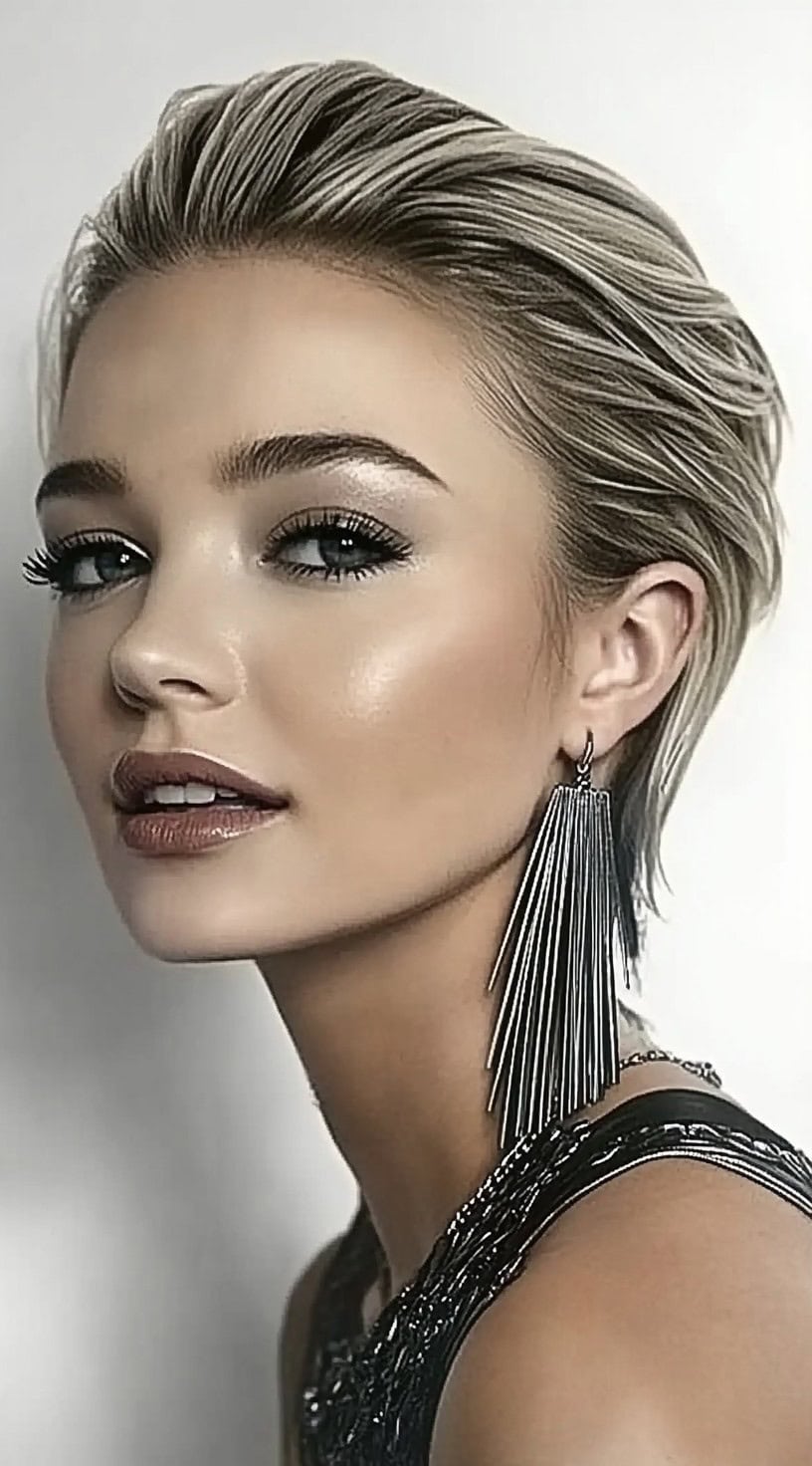 A woman with a tousled slick back pixie hairstyle, wearing statement earrings.
