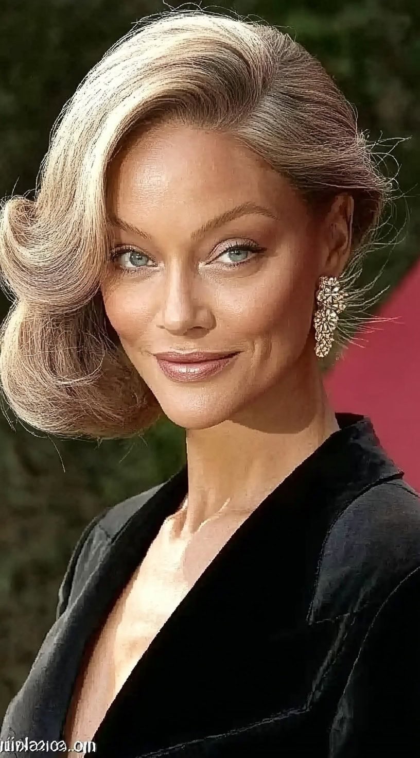 A woman with side-swept, voluminous vintage waves in blonde, styled with a deep side part and soft curls.