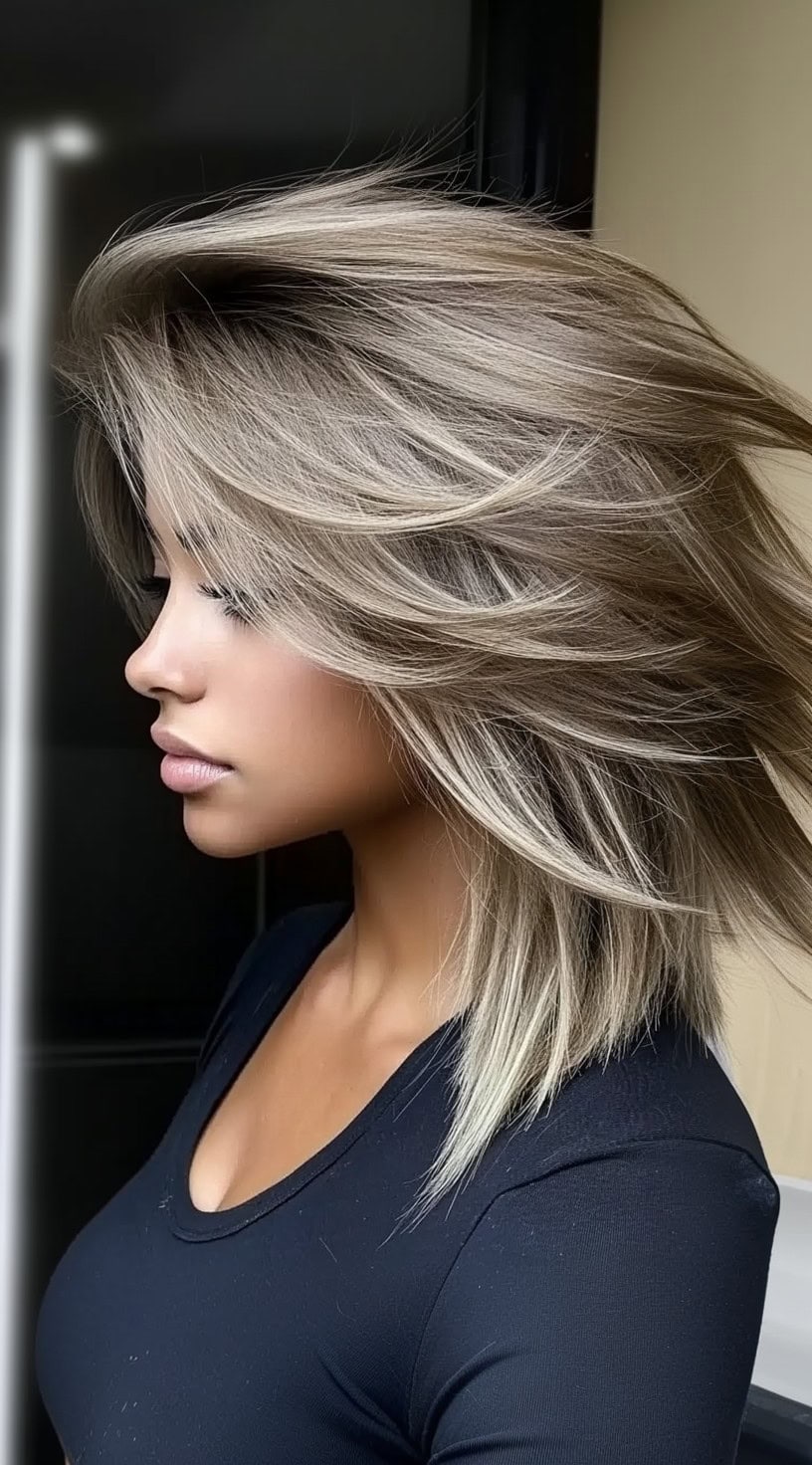 A woman with a voluminous feathered lob in a cool ash blonde shade, styled with soft layers that create a dynamic, windswept effect.