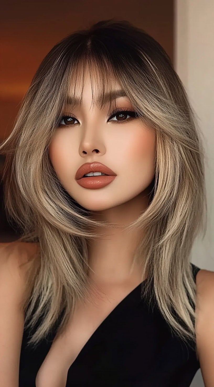 A woman with mid-length, voluminous layered hair featuring curtain bangs and a dramatic, styled finish.