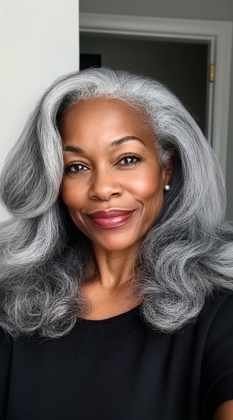 A radiant older Black woman with long, voluminous silver waves styled with a deep side part, wearing pearl earrings and a black blouse.
