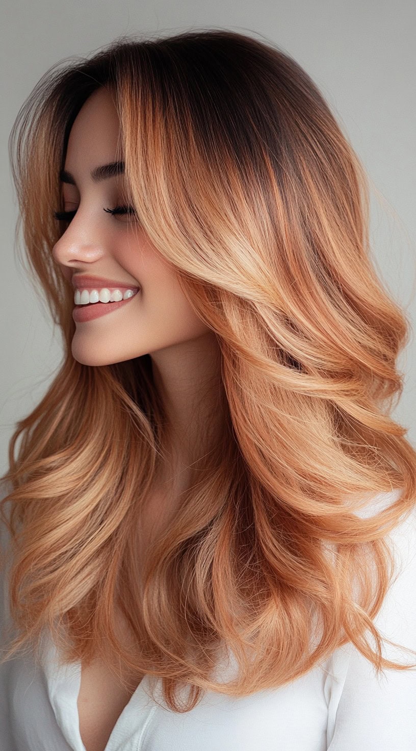 A side-profile view of long, layered strawberry blonde hair with voluminous curls and warm honey-gold tones.