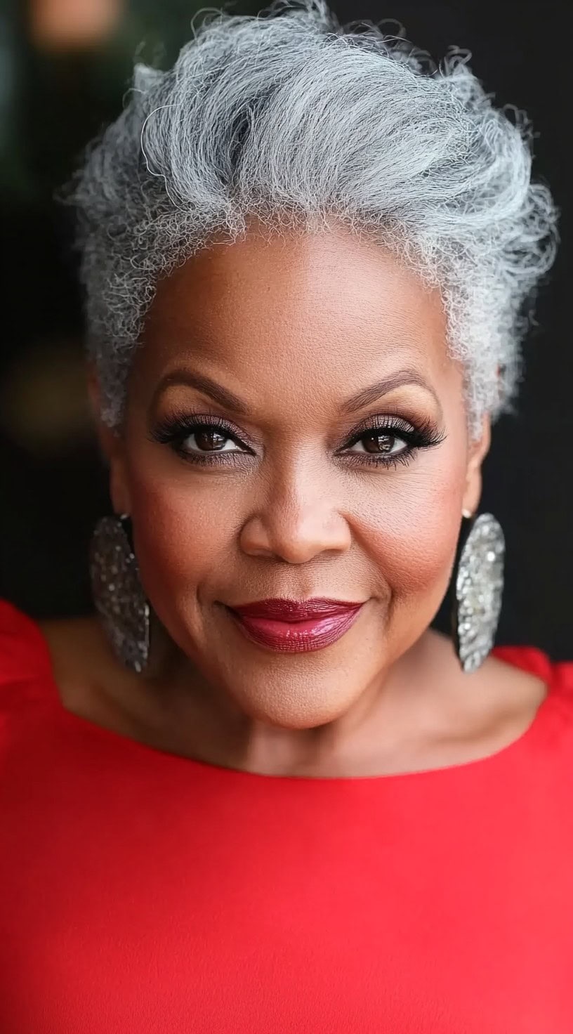A confident older Black woman with voluminous silver curls styled into a tapered natural cut, wearing a bold red dress and statement earrings.