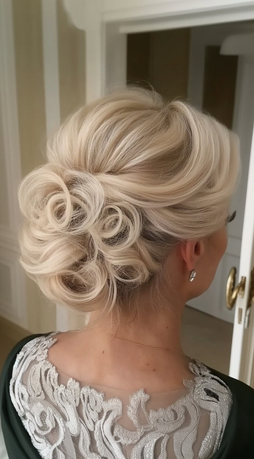 A blonde updo with voluminous waves and delicate loops pinned at the nape of the neck.