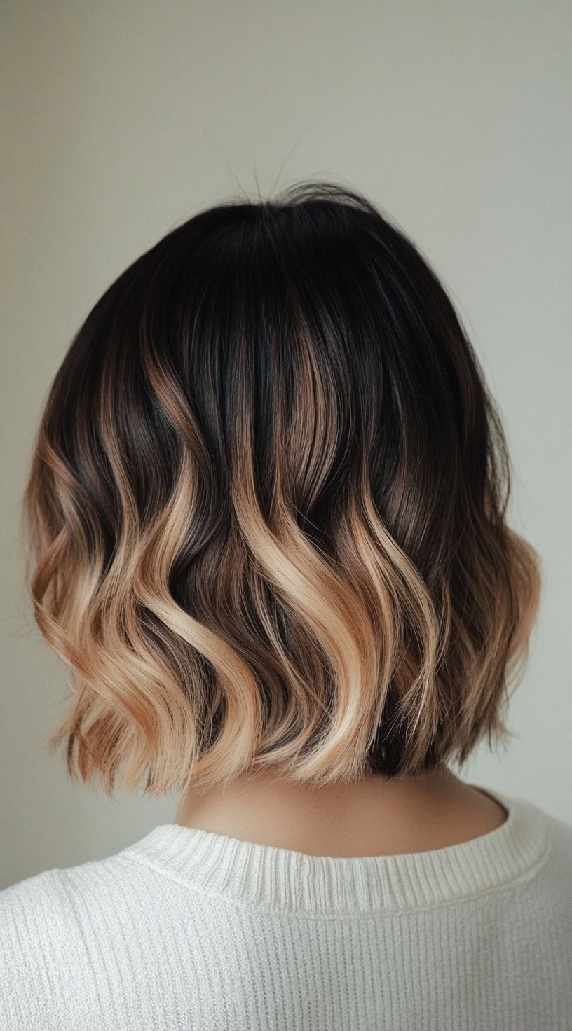 A woman with a short wavy bob featuring warm caramel blonde balayage on dark roots.