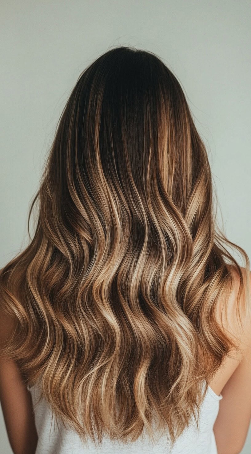 A head of long, wavy hair with warm honey blonde balayage blending seamlessly from a rich brown base.