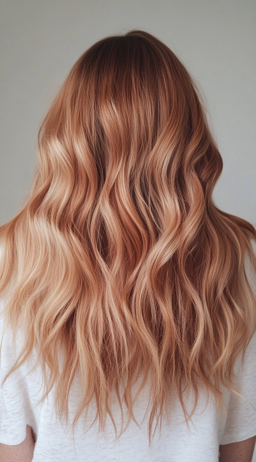 A back view of long, wavy hair in a warm strawberry blonde balayage with soft golden and coppery highlights.