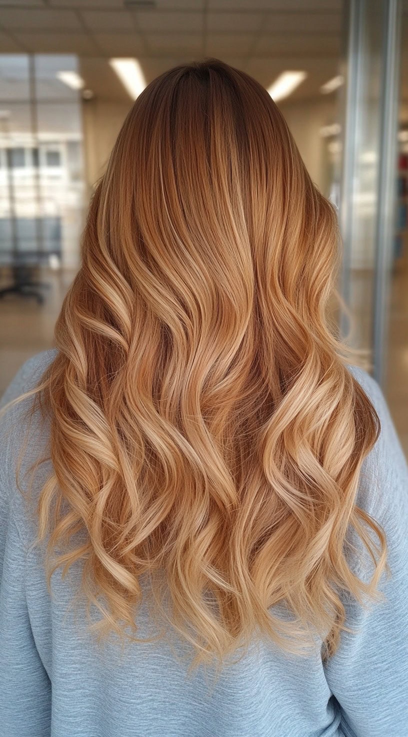 A back view of long, softly curled hair in a warm honey strawberry blonde balayage with golden undertones.